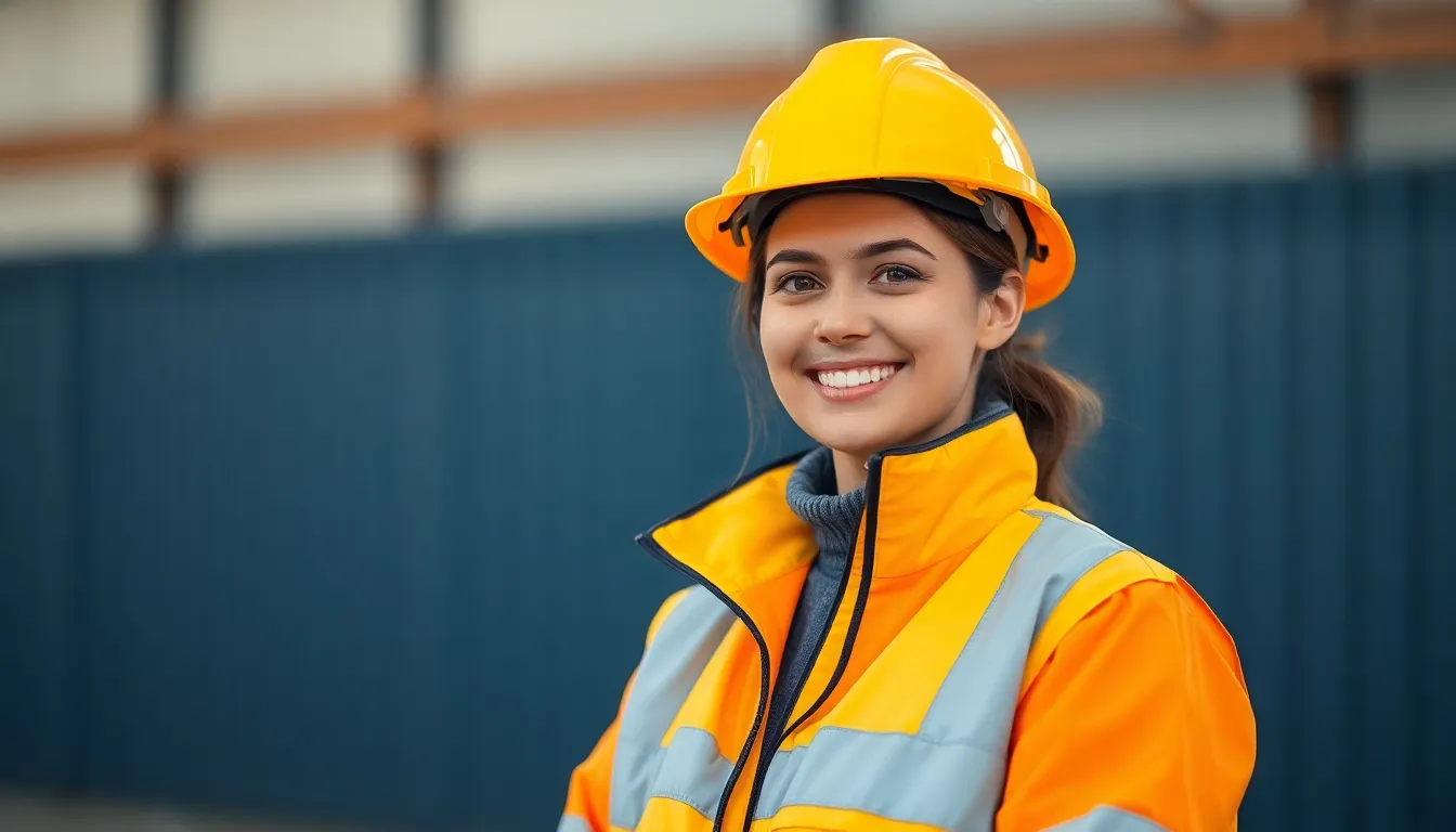 A picture of a female worker wearing a high-viz jacket and a hard hat