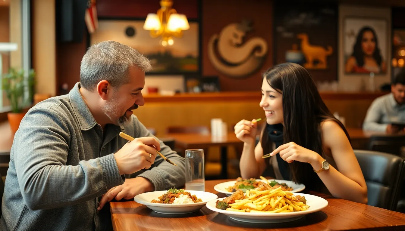 A couple eating a meal in a restaurant