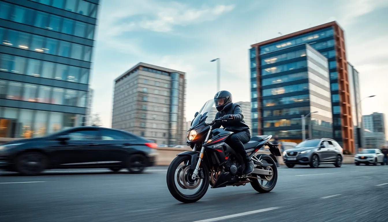 A photo of a motorbike being ridden through a busy city