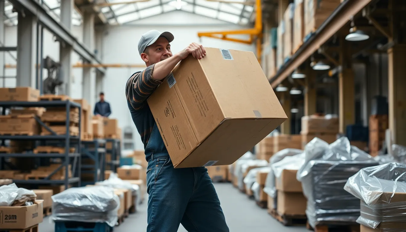 A picture of man lifting a large box