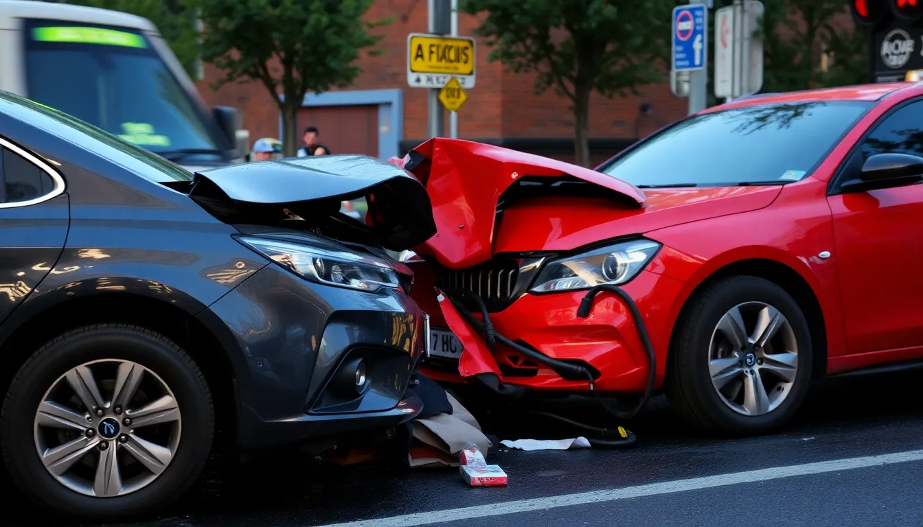 A picture of two cars that have collided head-on